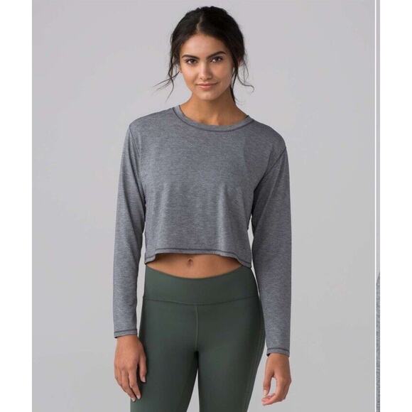 Lululemon Pushing Limits Long Sleeve Gray Top *LARGE Split Back Cropped EUC - Picture 7 of 8